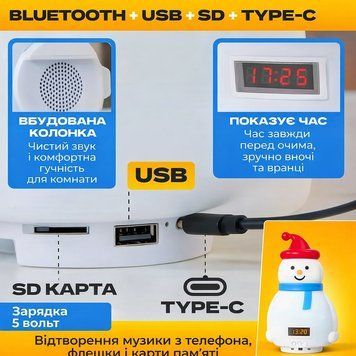 Детский аккумуляторный ночник-Снеговик с RGB-подсветкой, Bluetooth-колонкой и функцией часов CHM85 фото