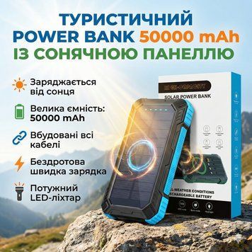 Потужний туристичний Power Bank 50000 mAh із сонячною батареєю, бездротовою зарядкою і 4 вбудованими кабелями (Fast Charge 22.5W) SP268 фото