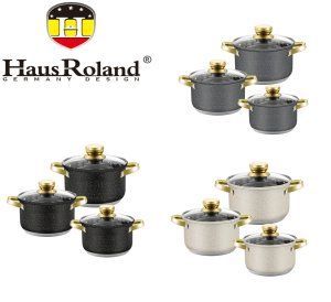 Набор кастрюль Haus Roland HR131-11 (3 шт) из нержавеющей стали 2,9/3,9/5,1 л, с гранитным покрытием, Черный Серый и бежевый HR131-11 фото