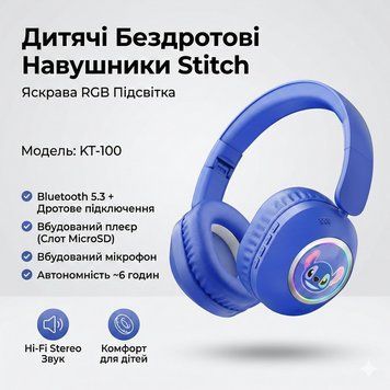 Дитячі бездротові Bluetooth-навушники Stitch KT-100 Blue з RGB-підсвіткою, вбудованим мікрофоном та слотом для карти пам'яті KT100 фото
