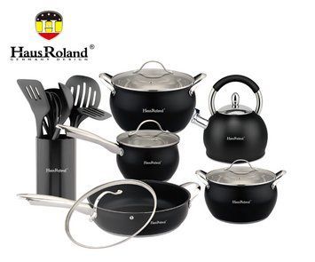 Набор посуды Haus Roland HR126-1, 18 предметов из нержавеющей стали: кастрюли 3,6/6,0 л, ковш 1,9 л, сковорода 2,9 л, чайник 3,0 ( HR126-1 фото